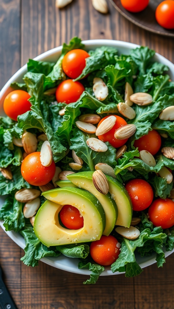 A colorful kale salad with avocado, cherry tomatoes, and almonds, topped with citrus dressing on a wooden table.